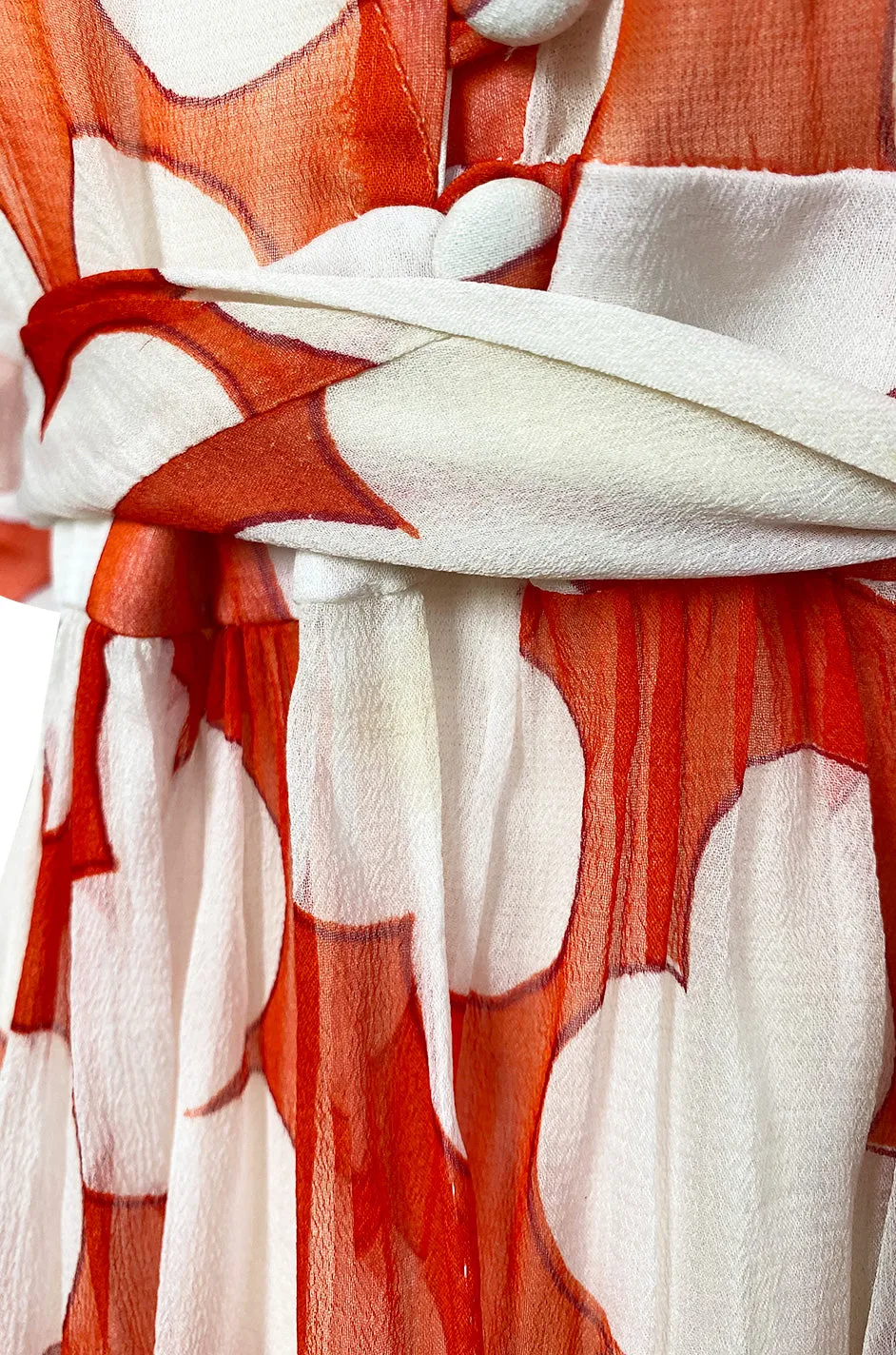 c. 1978 Yves Saint Laurent Large Floral Print Coral Plunge Silk Chiffon Dress