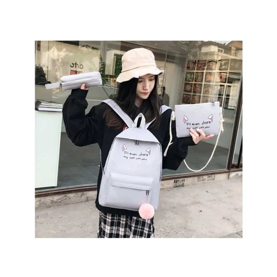 Cat Ears Printed Candy Color Canvas Backpack Handbag 3pcs Set J30073