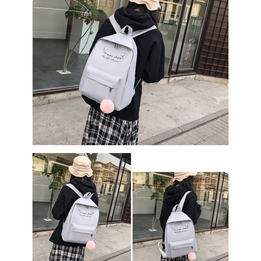 Cat Ears Printed Candy Color Canvas Backpack Handbag 3pcs Set J30073