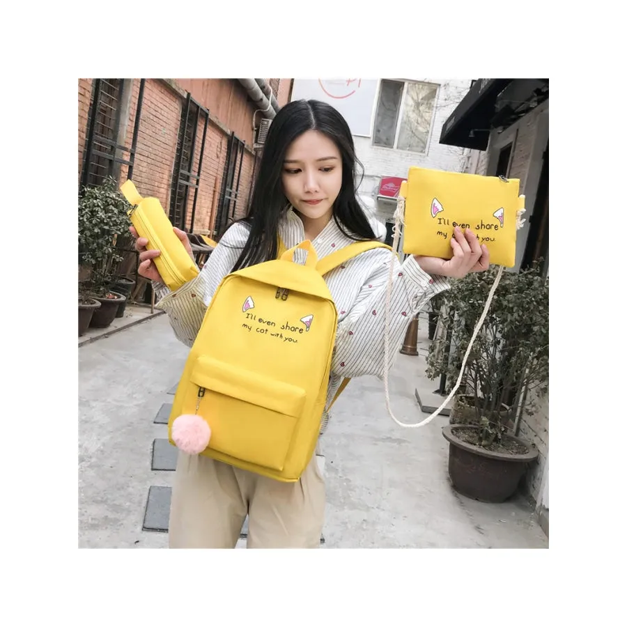Cat Ears Printed Candy Color Canvas Backpack Handbag 3pcs Set J30073