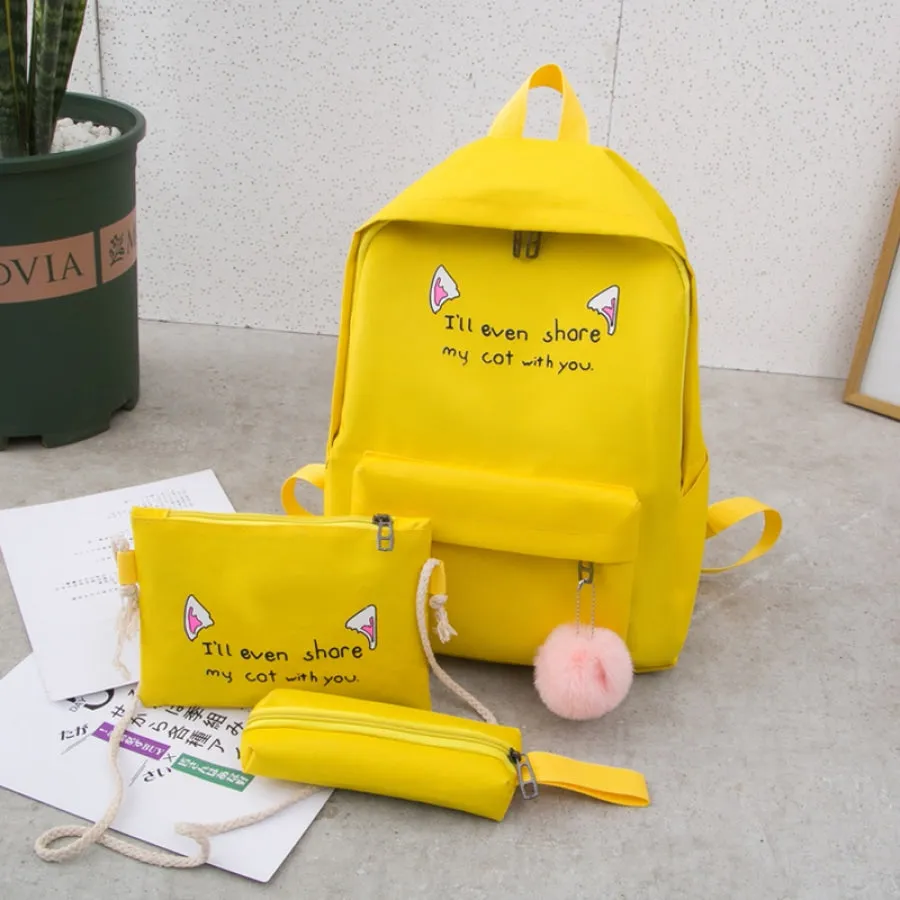 Cat Ears Printed Candy Color Canvas Backpack Handbag 3pcs Set J30073
