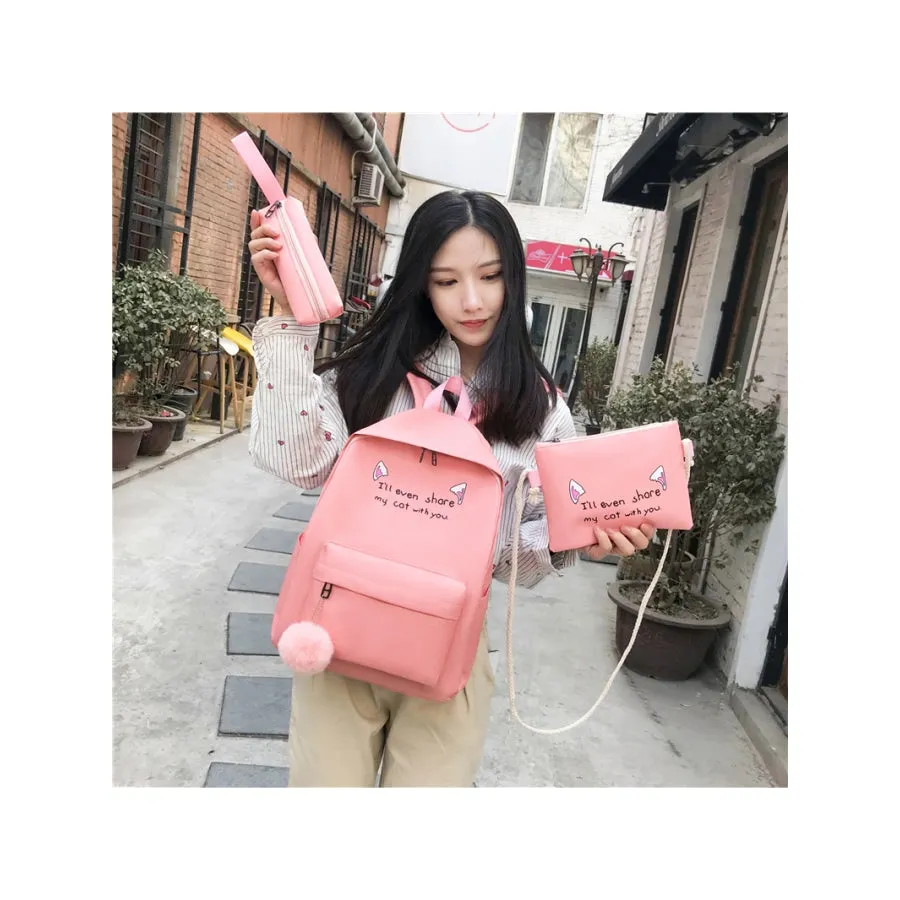 Cat Ears Printed Candy Color Canvas Backpack Handbag 3pcs Set J30073