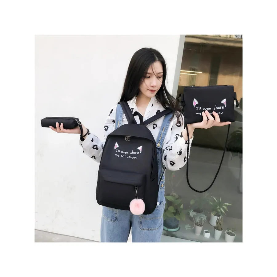 Cat Ears Printed Candy Color Canvas Backpack Handbag 3pcs Set J30073