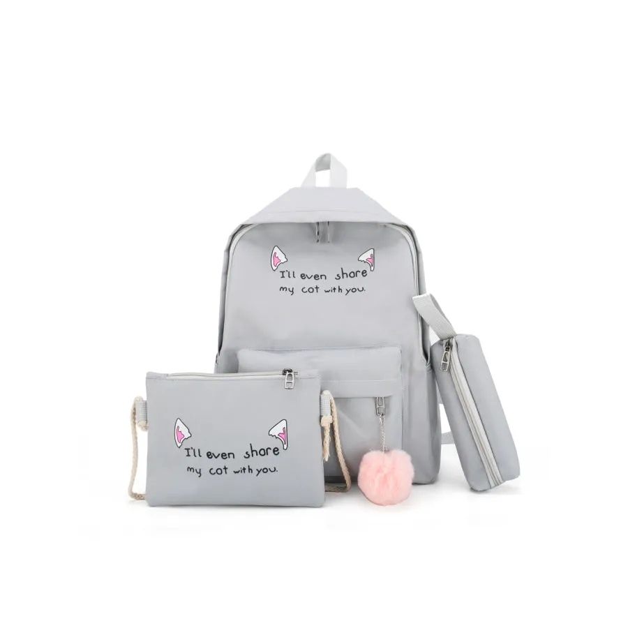 Cat Ears Printed Candy Color Canvas Backpack Handbag 3pcs Set J30073