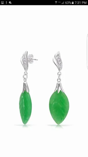 Certified Natural Jadeite Emerald A Jade HandCarved Pair of Leaf Jade Earrings with Gift Box