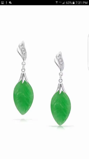 Certified Natural Jadeite Emerald A Jade HandCarved Pair of Leaf Jade Earrings with Gift Box