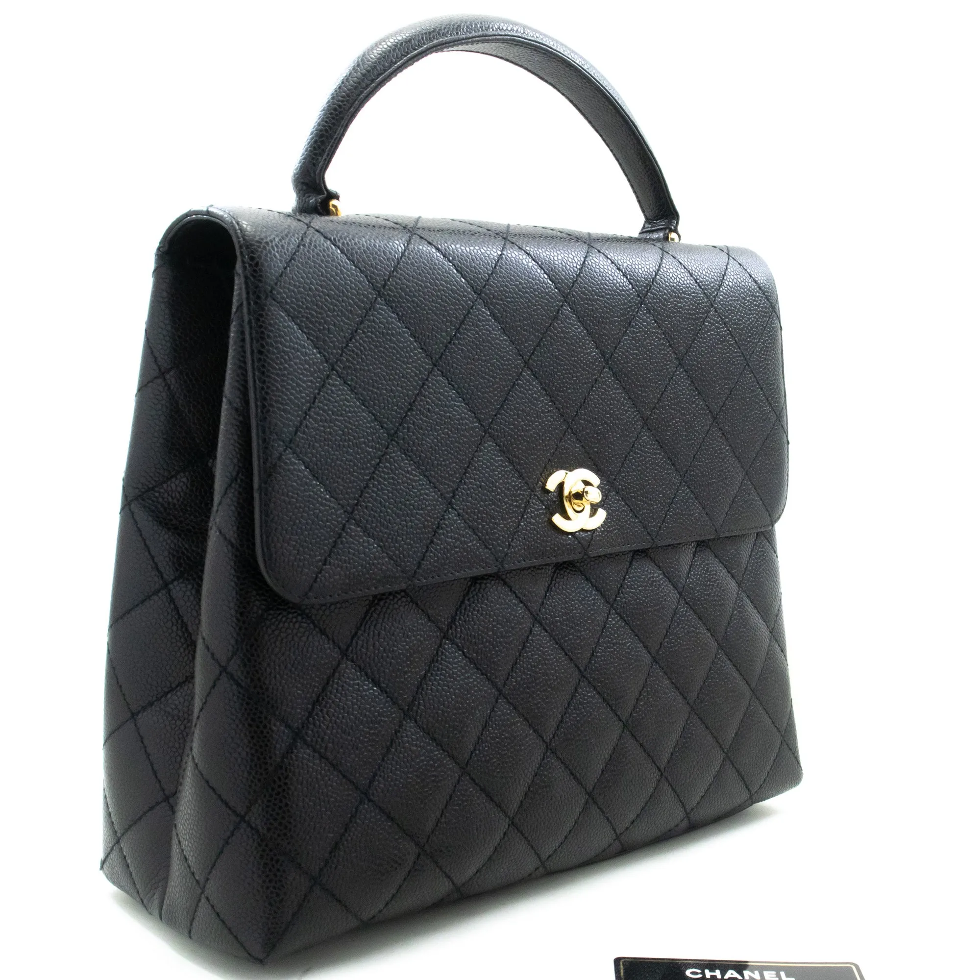 CHANEL Caviar Handbag Top Handle Bag Kelly Black Flap Leather Gold n63
