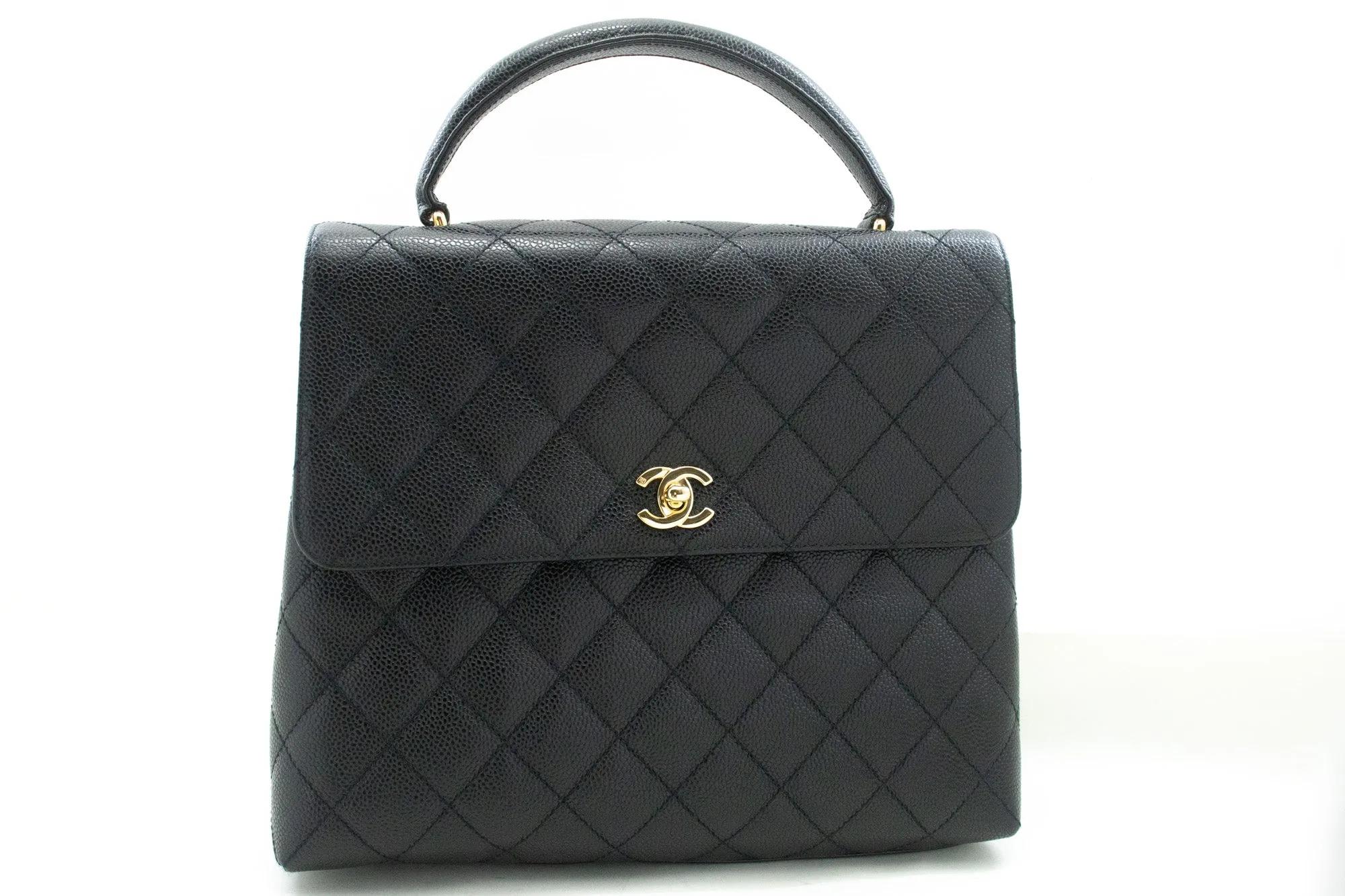 CHANEL Caviar Handbag Top Handle Bag Kelly Black Flap Leather Gold n63