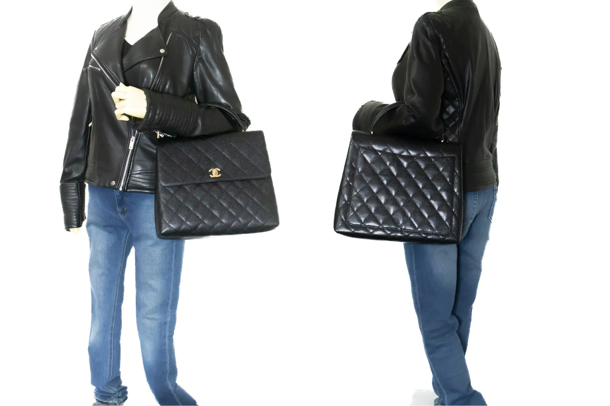 CHANEL Caviar Handbag Top Handle Bag Kelly Black Flap Leather Gold n63