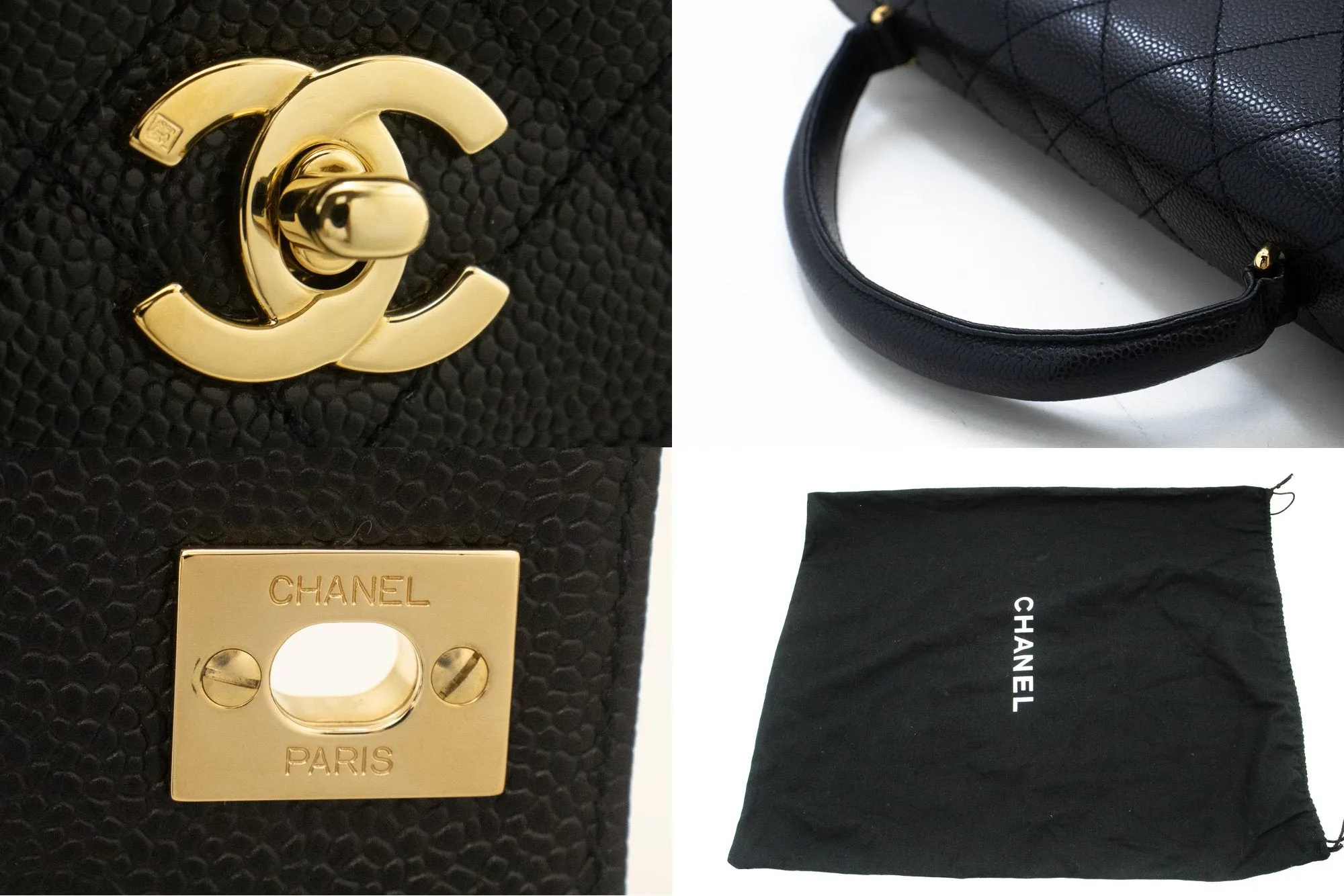 CHANEL Caviar Handbag Top Handle Bag Kelly Black Flap Leather Gold n63