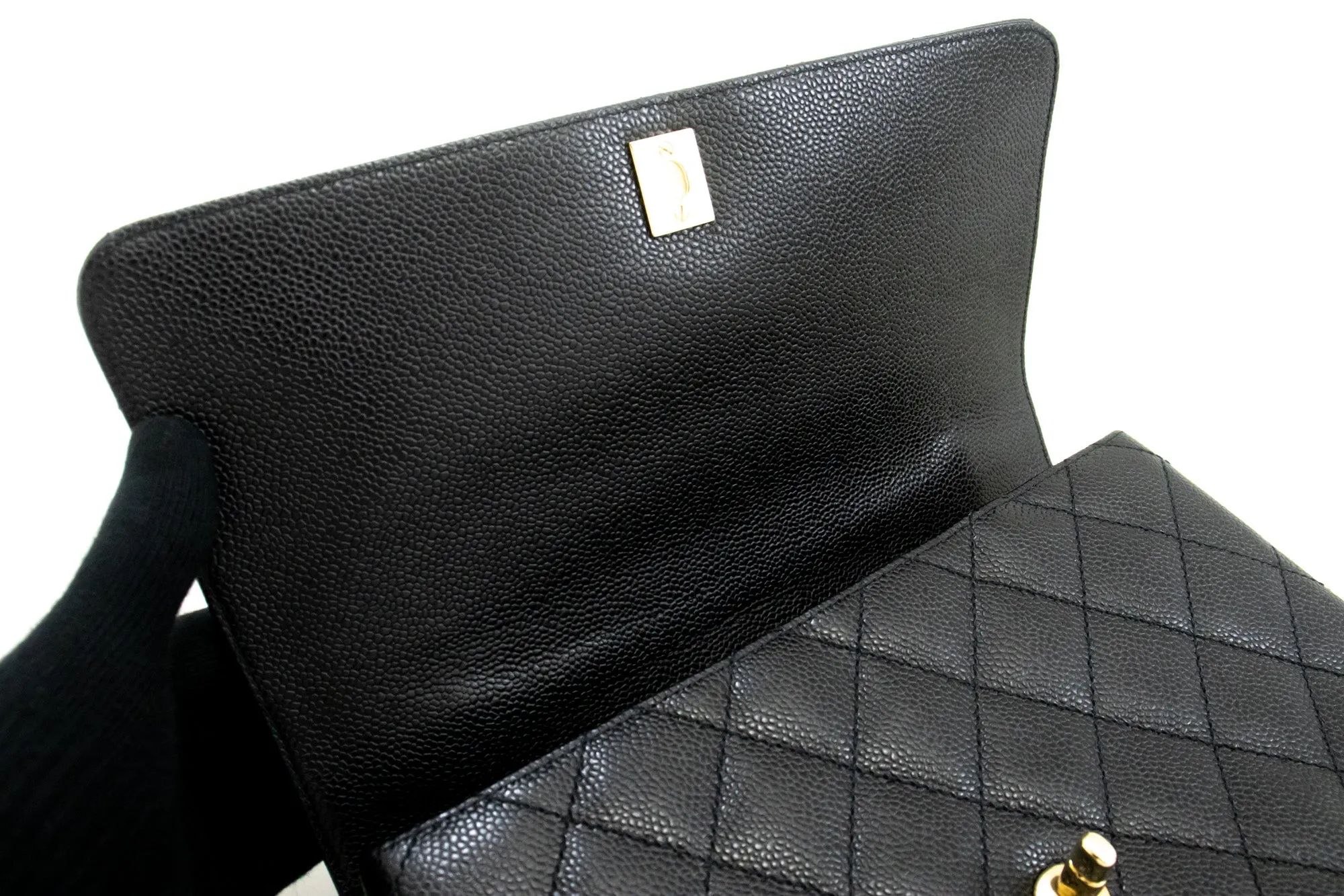 CHANEL Caviar Handbag Top Handle Bag Kelly Black Flap Leather Gold n63