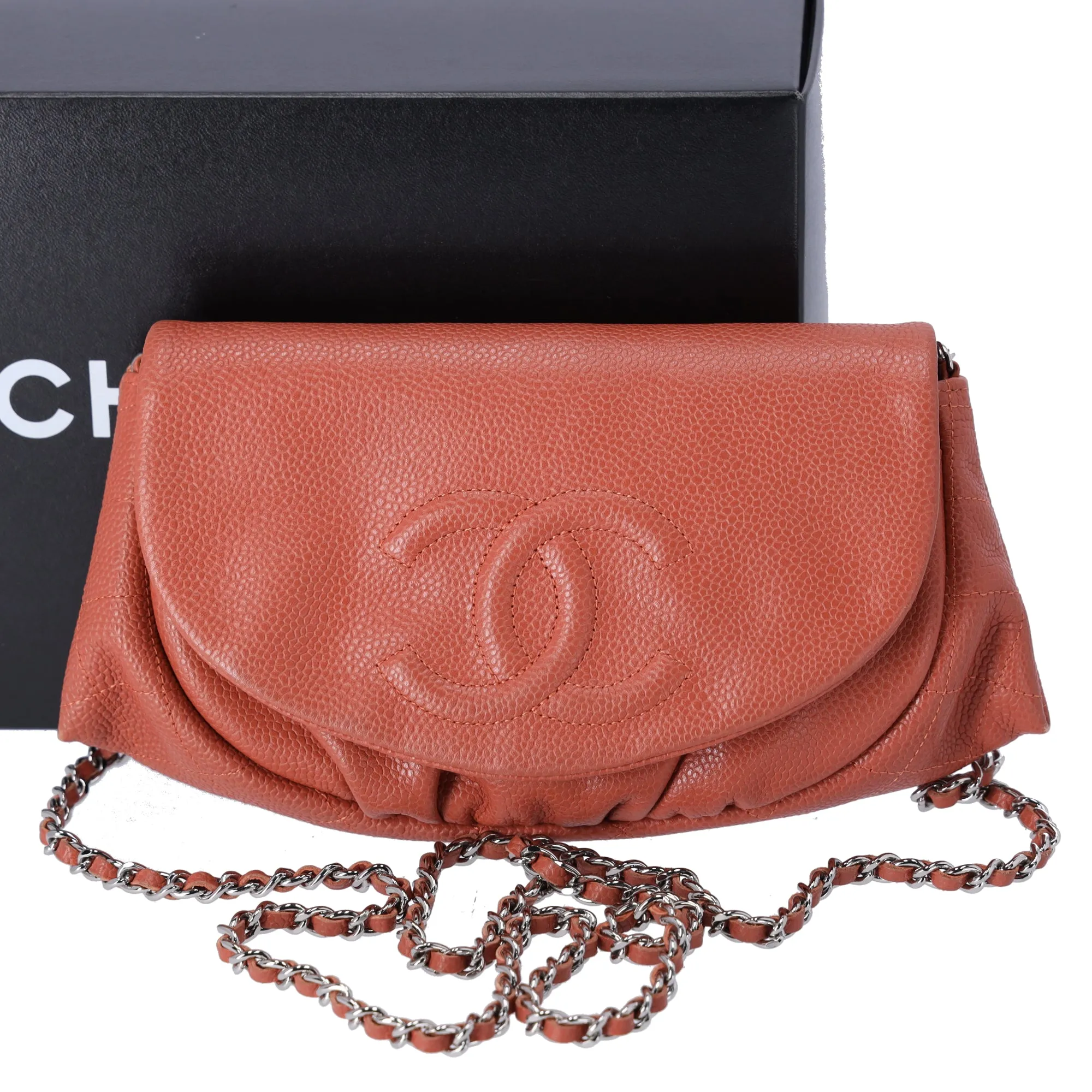 CHANEL Half Moon Flap Crossbody CC Logo Light Brown Caviar Leather