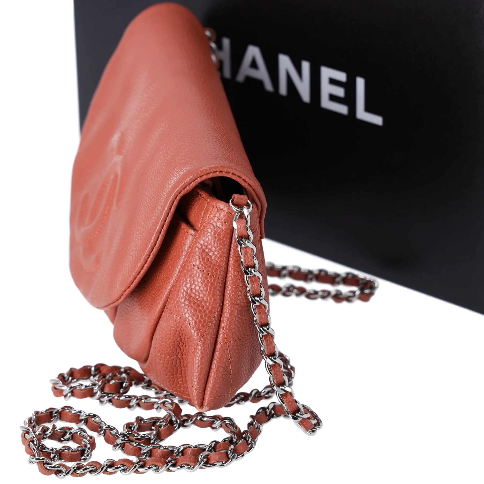 CHANEL Half Moon Flap Crossbody CC Logo Light Brown Caviar Leather
