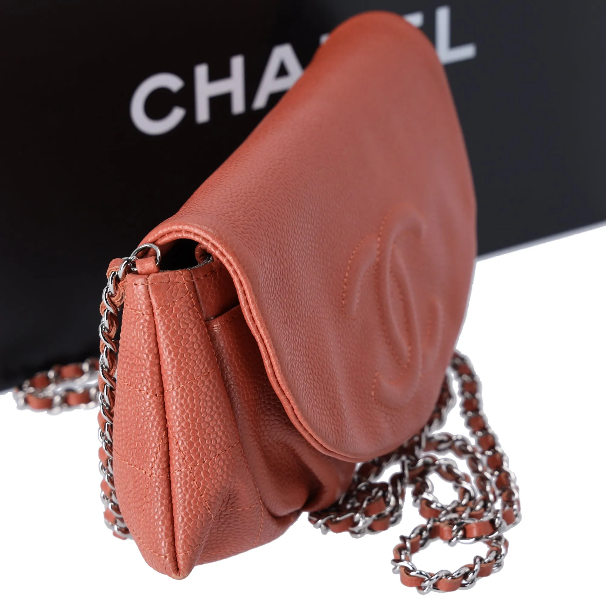 CHANEL Half Moon Flap Crossbody CC Logo Light Brown Caviar Leather