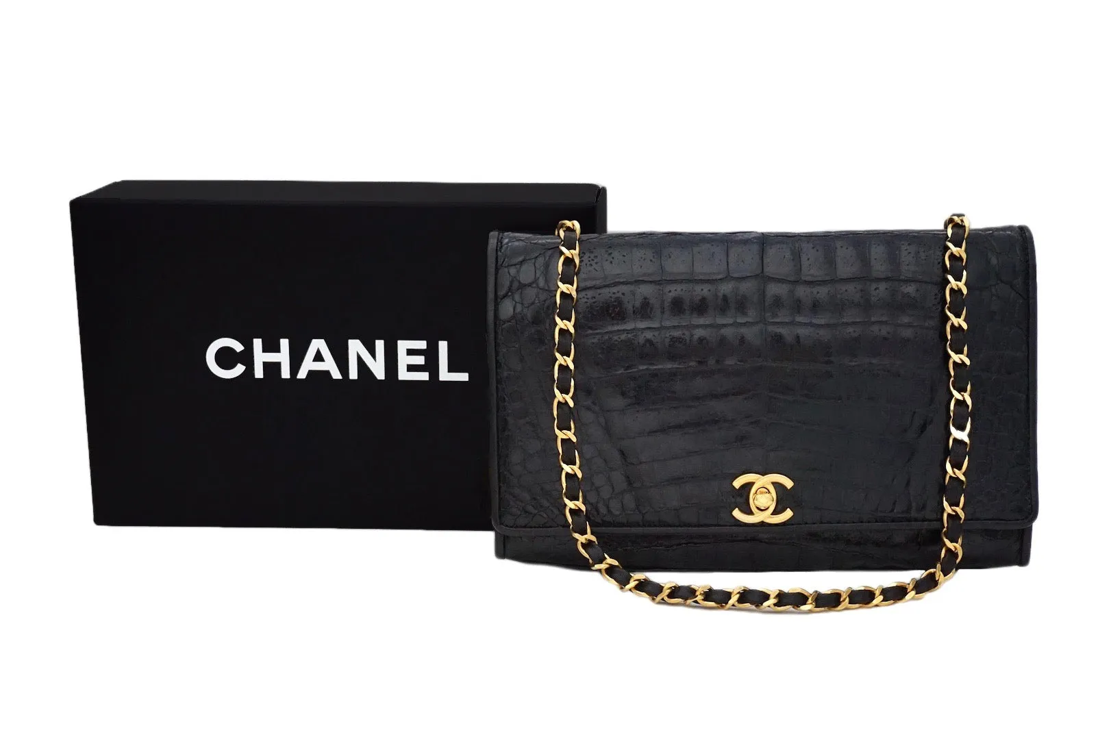 Chanel Vintage Black Crocodile 10” Flap Handbag