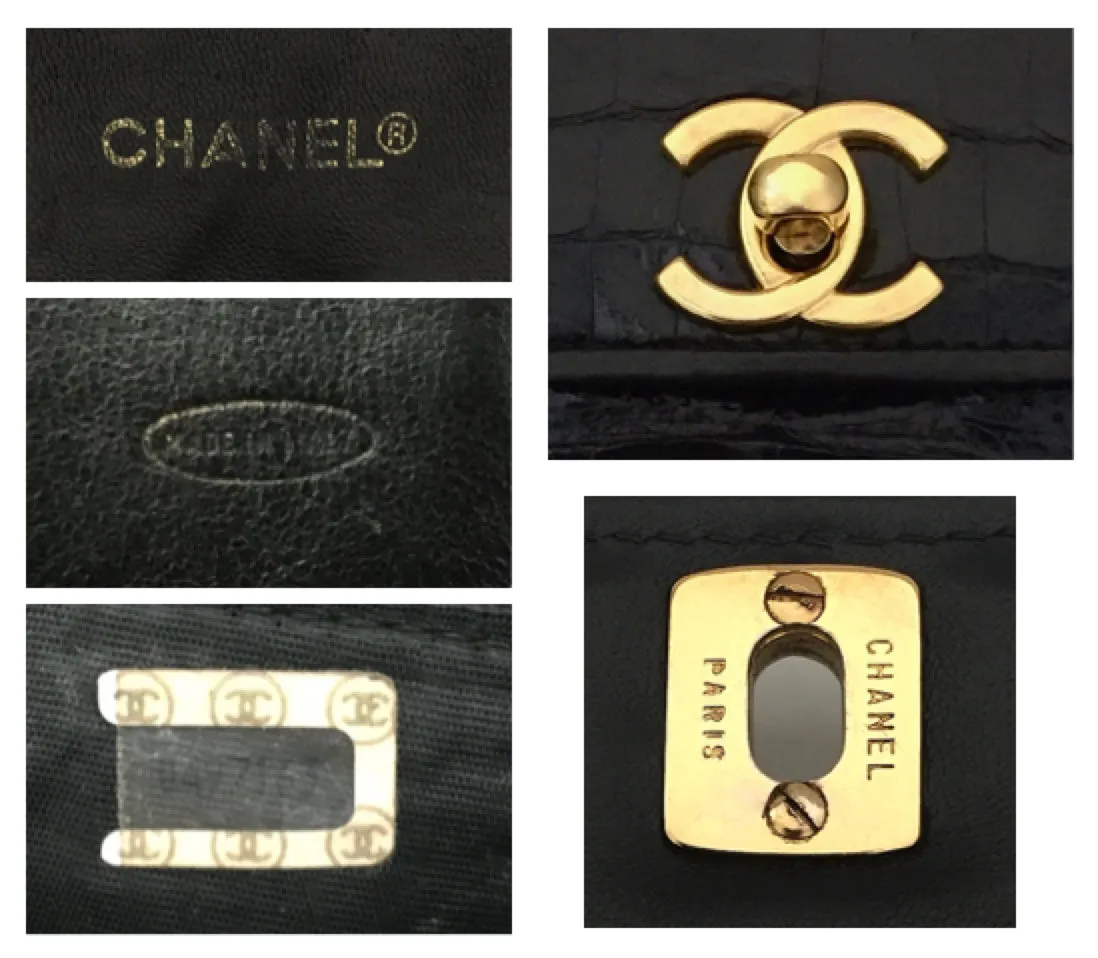 Chanel Vintage Black Crocodile 10” Flap Handbag
