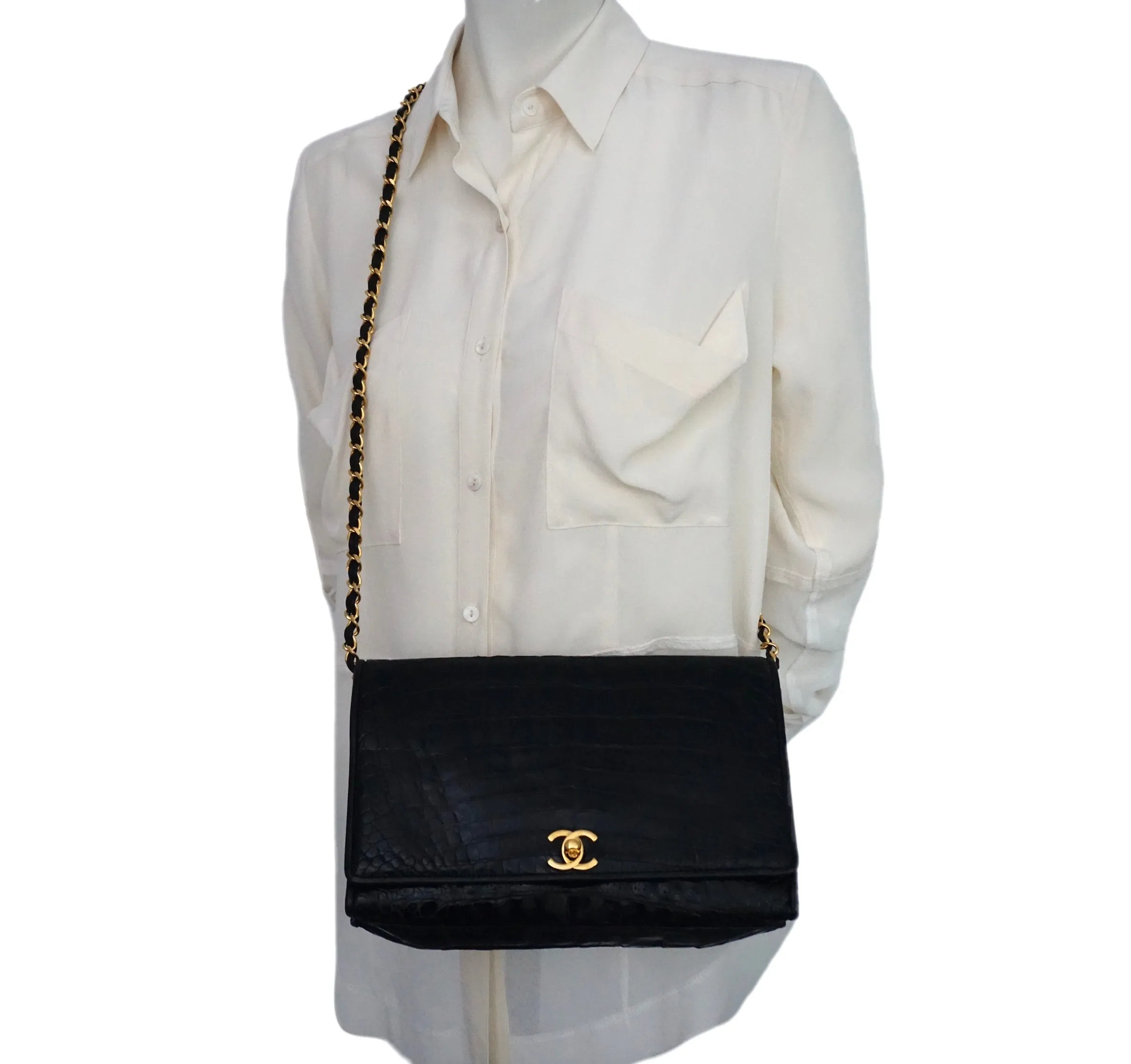 Chanel Vintage Black Crocodile 10” Flap Handbag