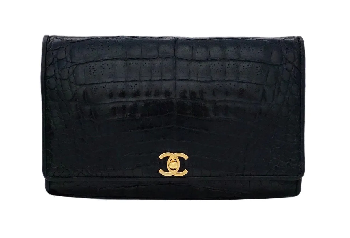 Chanel Vintage Black Crocodile 10” Flap Handbag