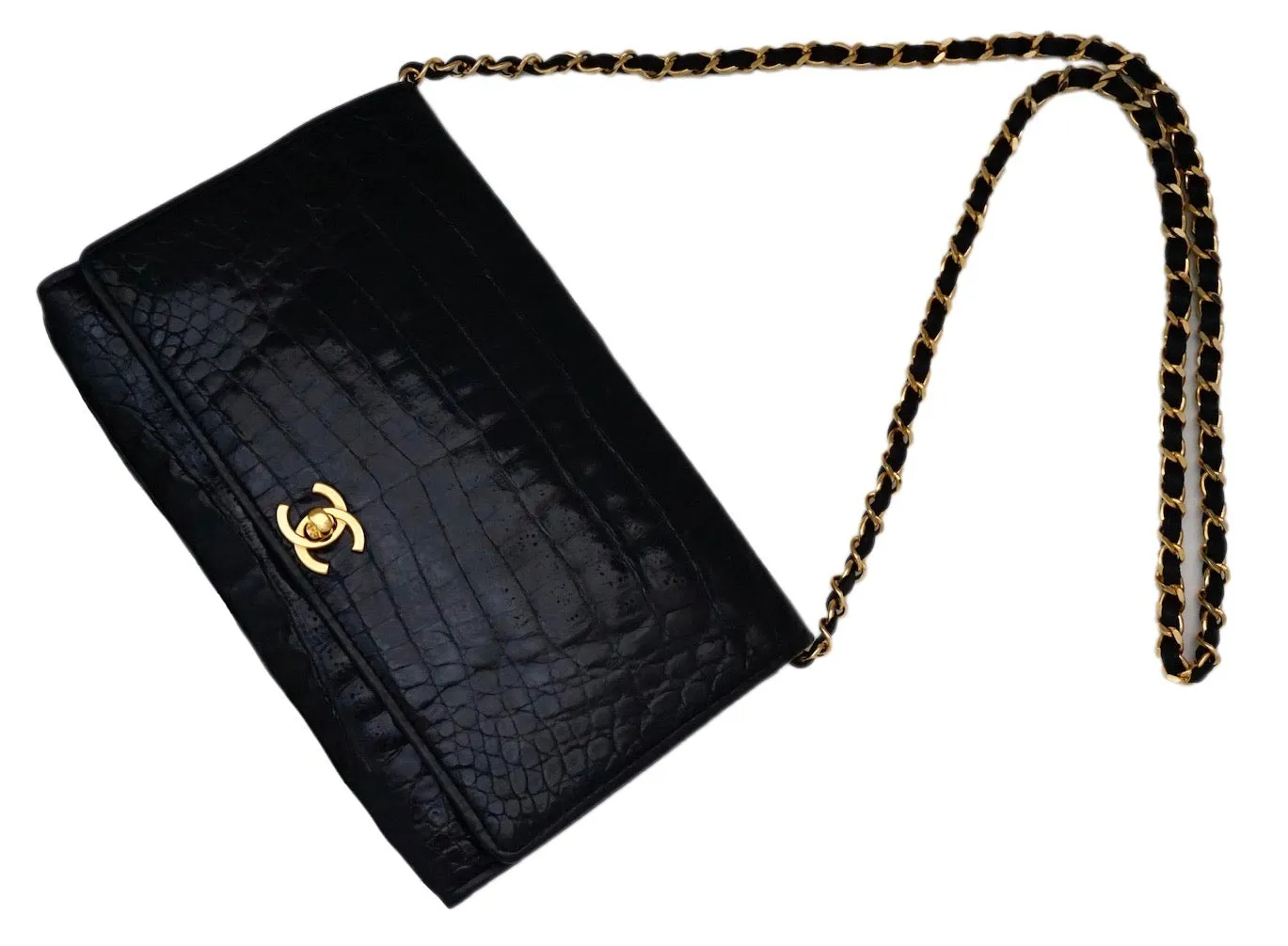 Chanel Vintage Black Crocodile 10” Flap Handbag