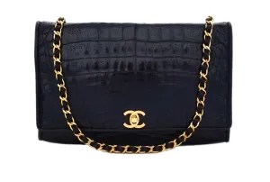 Chanel Vintage Black Crocodile 10” Flap Handbag