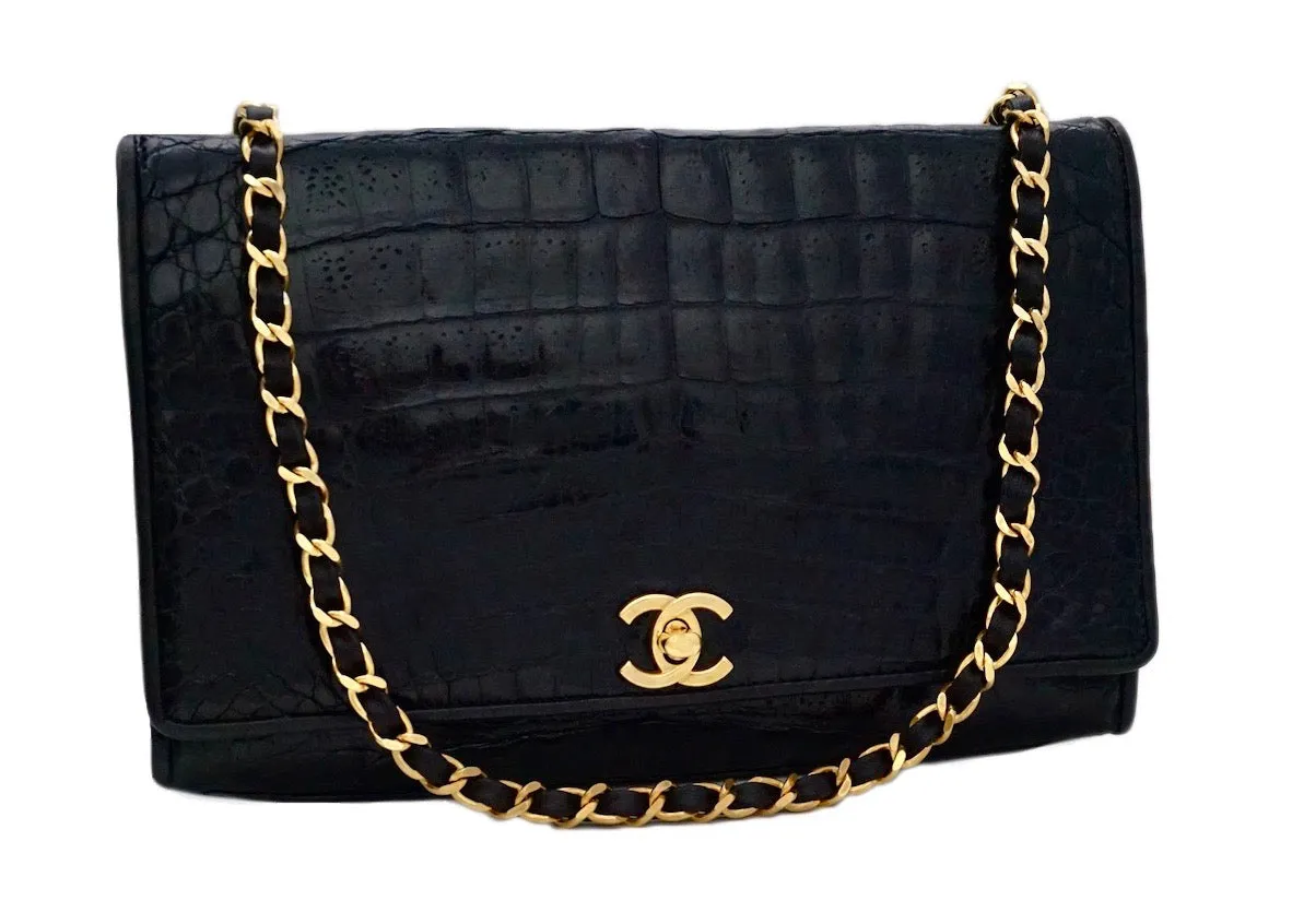 Chanel Vintage Black Crocodile 10” Flap Handbag