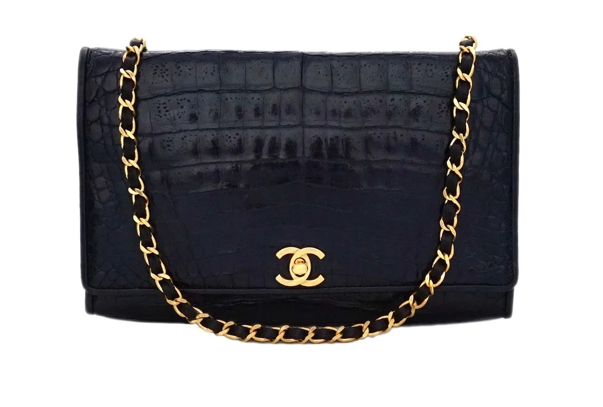 Chanel Vintage Black Crocodile 10” Flap Handbag