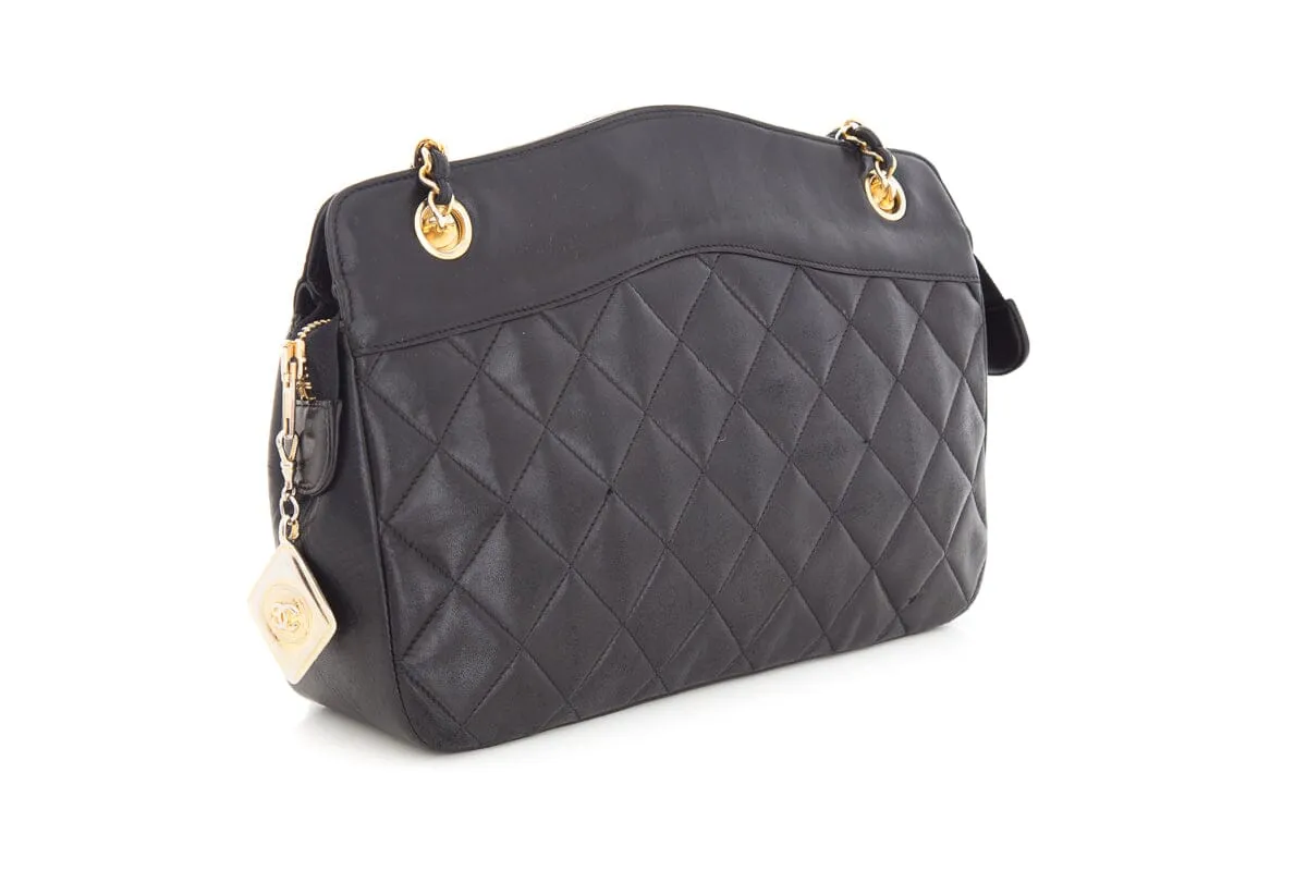 Chanel Vintage Black Quilted Medallion Zip Tote  Shoulder Bag