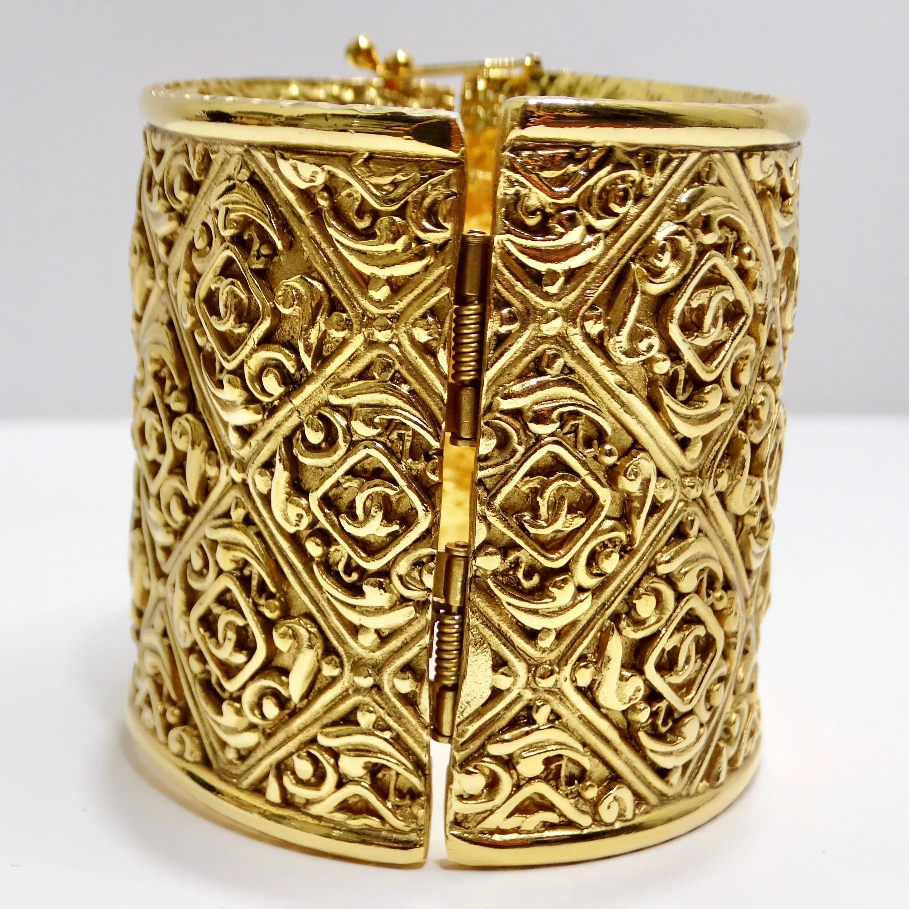 Chanel Vintage Gold Tone CC Hinged Bangle Bracelet