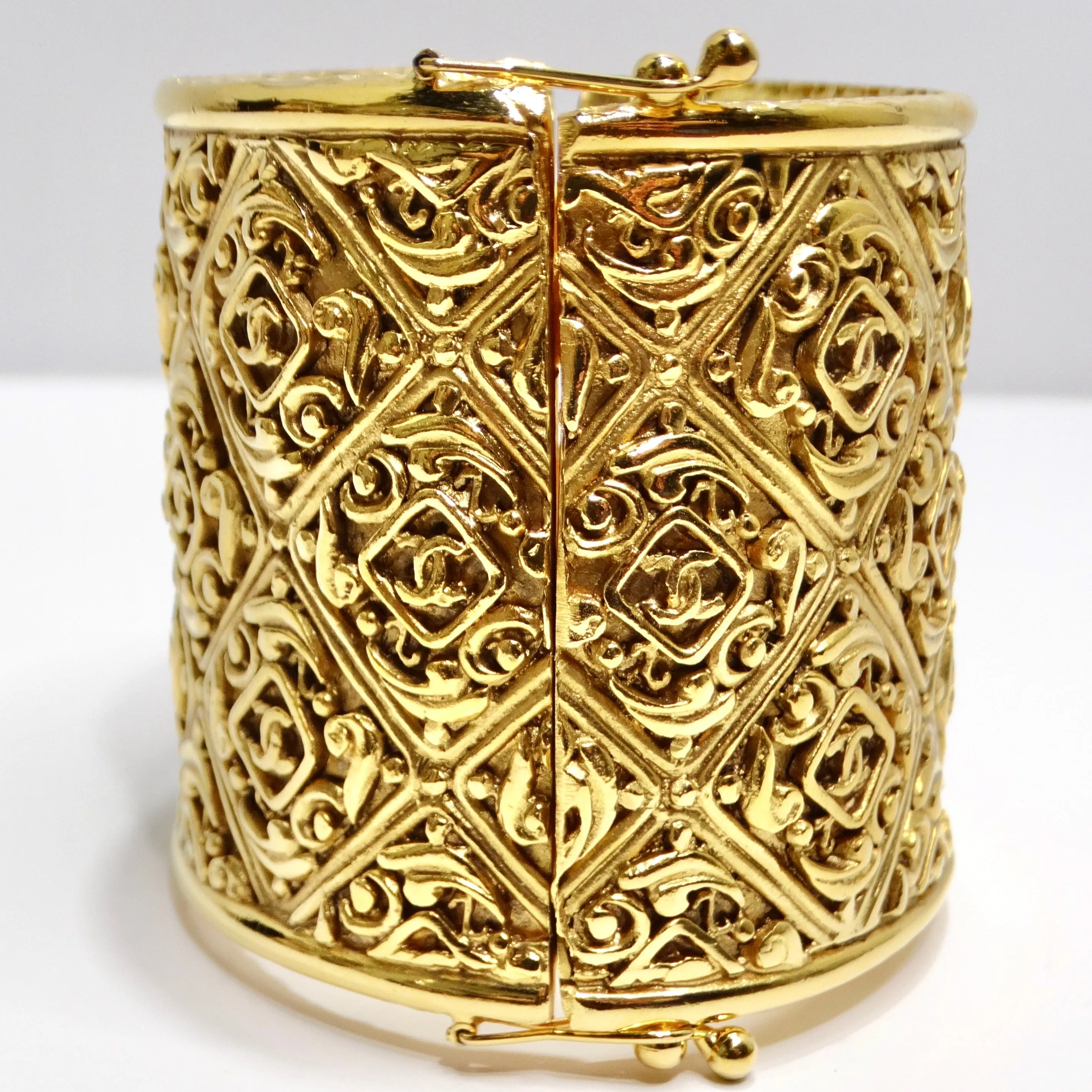 Chanel Vintage Gold Tone CC Hinged Bangle Bracelet