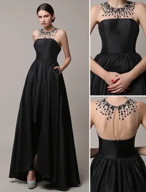 Charming Black High Low Beading Illusion Neckline Taffeta Evening Dress