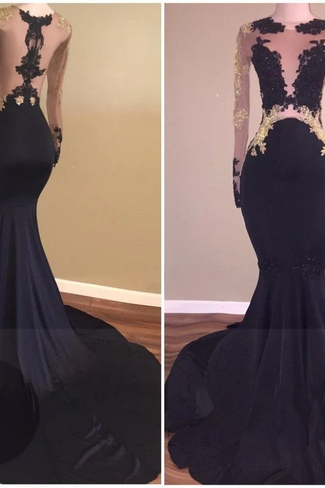 Chic Black Long-Sleeve Lace Mermaid Zipper Prom Party Gowns
