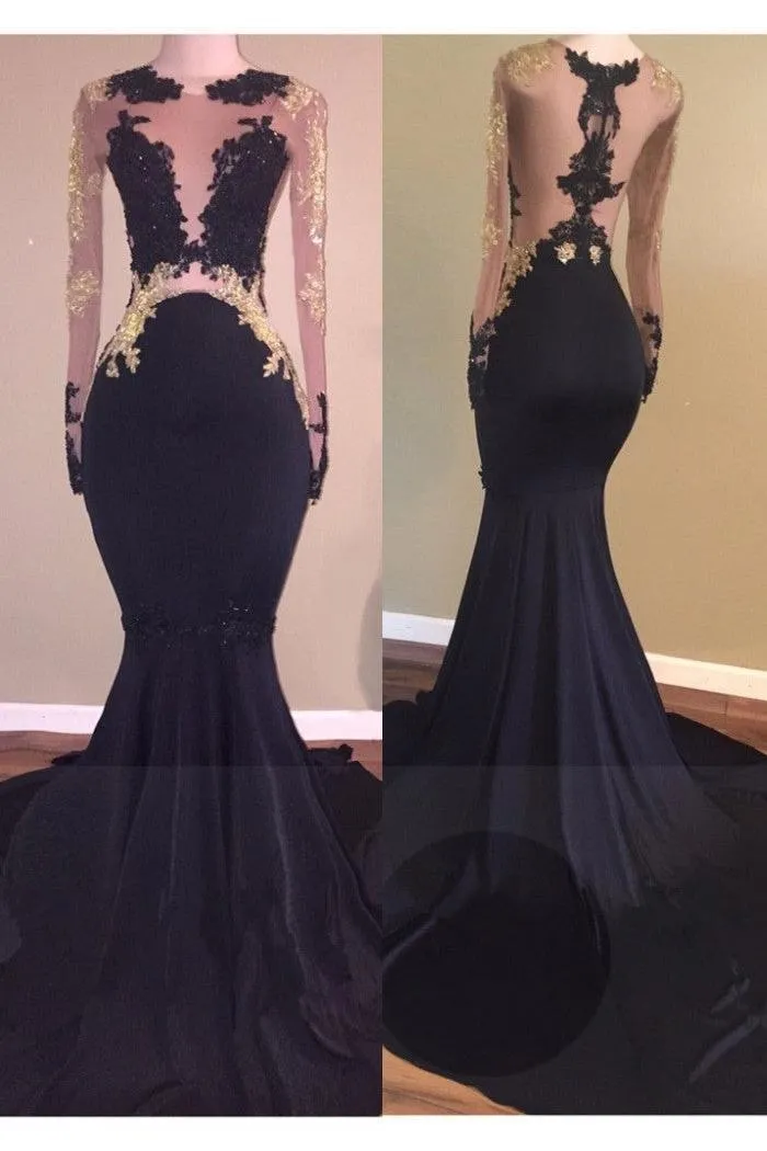 Chic Black Long-Sleeve Lace Mermaid Zipper Prom Party Gowns