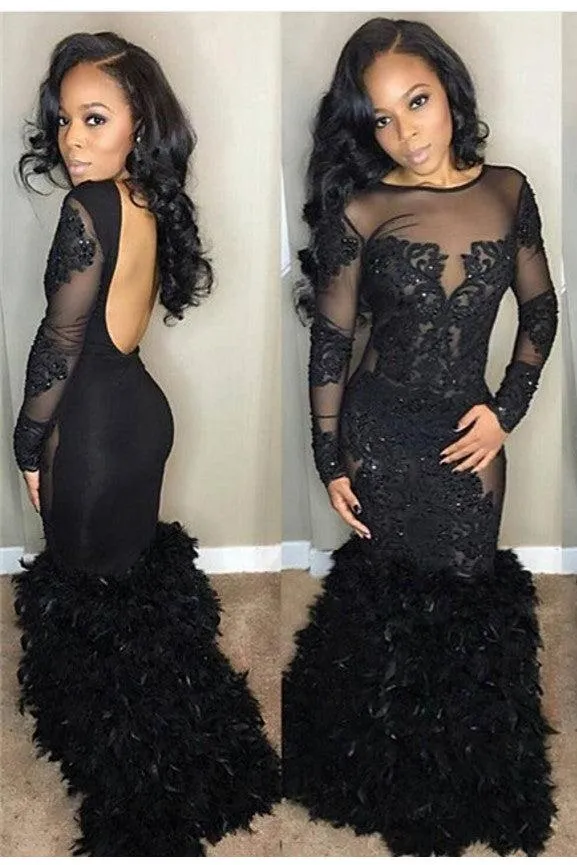 Chic Black Mermaid Prom Party Gowns| Long Sleeves Lace Evening Gowns