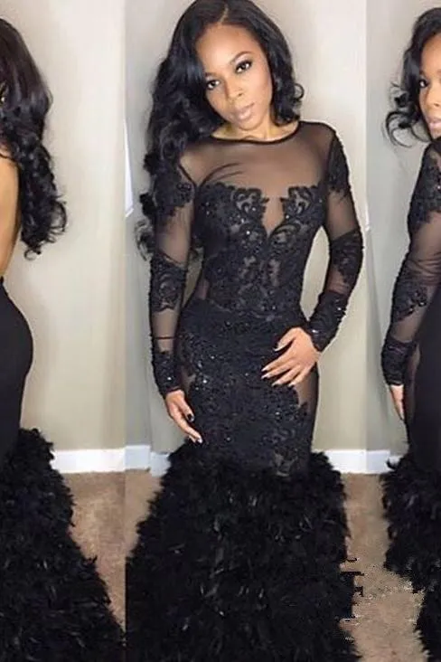 Chic Black Mermaid Prom Party Gowns| Long Sleeves Lace Evening Gowns