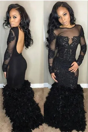 Chic Black Mermaid Prom Party Gowns| Long Sleeves Lace Evening Gowns