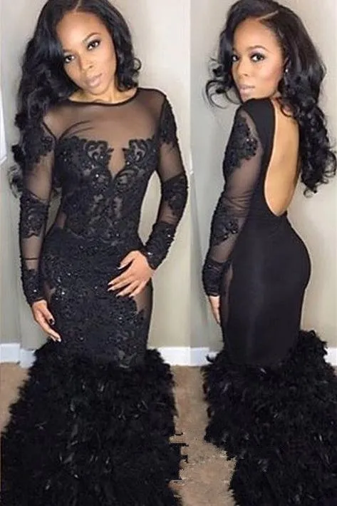 Chic Black Mermaid Prom Party Gowns| Long Sleeves Lace Evening Gowns