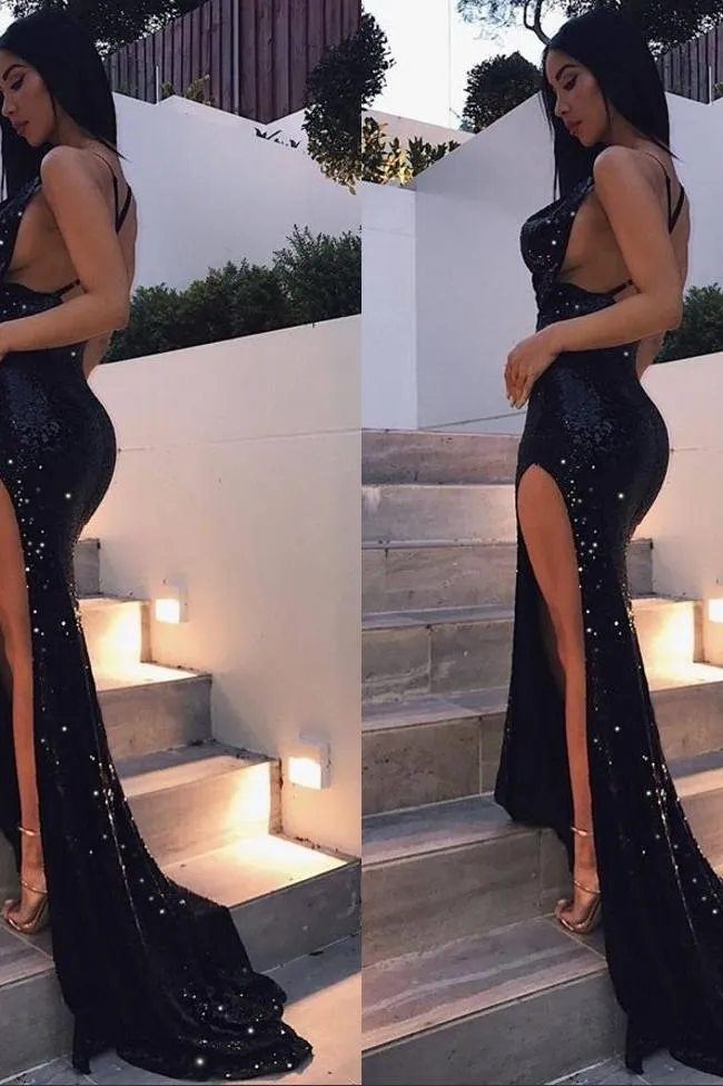Chic Black Sequins Backless Party Gown Long Split Prom Party Gowns