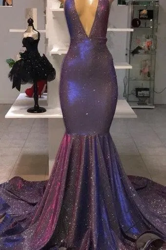 Chic Deep V-Neck Sleeveless Prom Dresses New Arrival Halter Memaiad Sequins Evening Gowns
