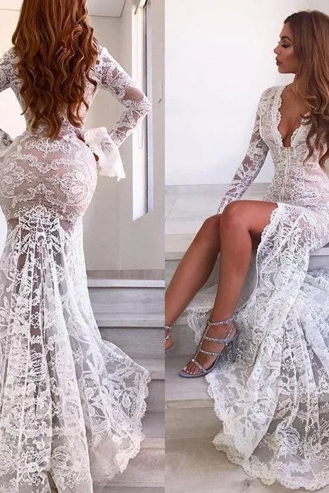Chic Long Sleeves V-Neck Prom Party Gowns| Lace Evening Party Dress With Slit