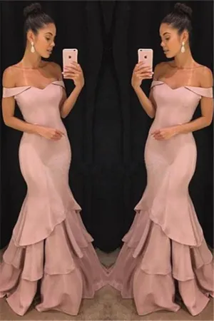 Chic Off-the-Shoulder Mermaid Prom Dresses Tiered Pink Ruffles Evening Gowns On Sale