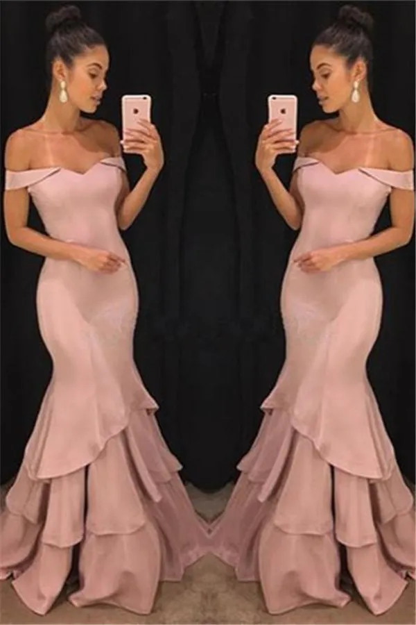 Chic Off-the-Shoulder Mermaid Prom Dresses Tiered Pink Ruffles Evening Gowns On Sale
