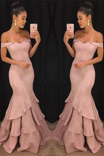 Chic Off-the-Shoulder Mermaid Prom Dresses Tiered Pink Ruffles Evening Gowns On Sale