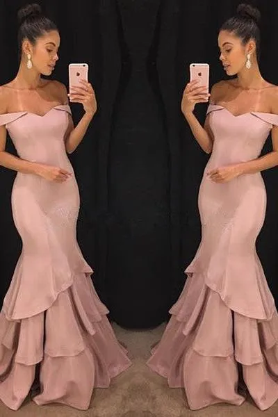 Chic Off-the-Shoulder Mermaid Prom Dresses Tiered Pink Ruffles Evening Gowns On Sale