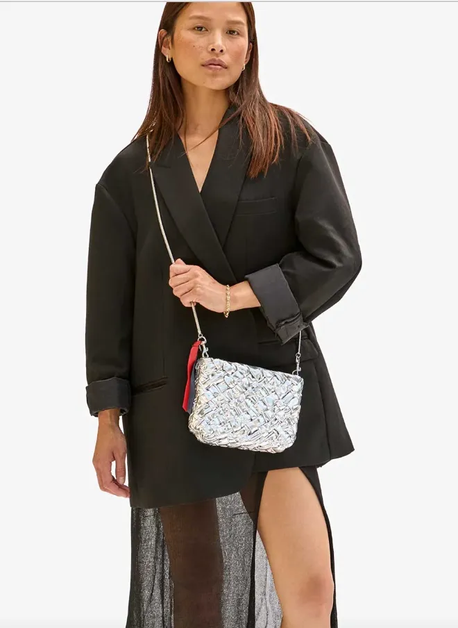 Clare V. - Estelle Puffy Woven Leather Handbag - Silver Specchio