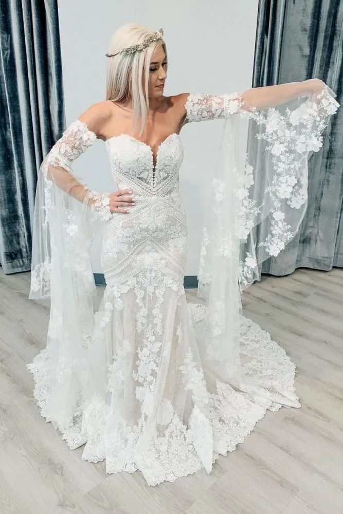 Classic Sweetheart White Lace Wedding Dresses with Church Train