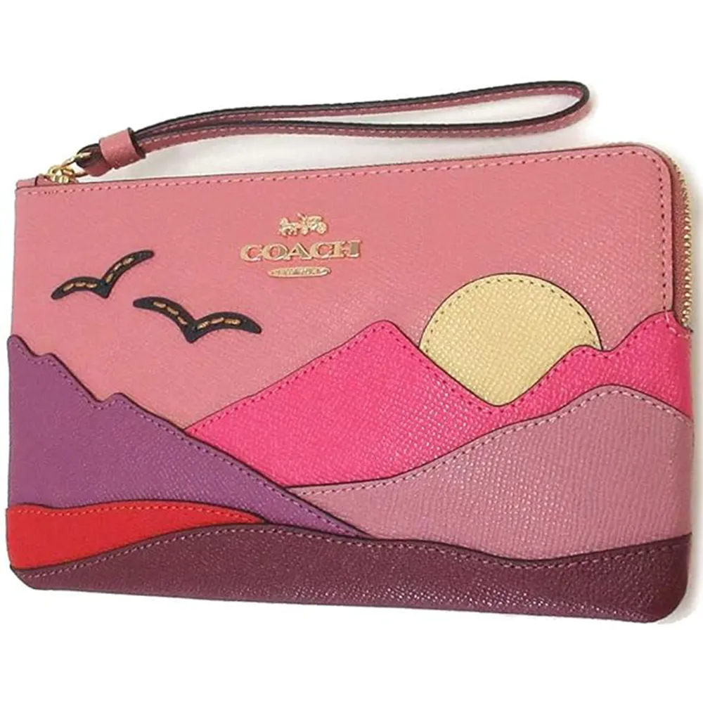 Coach Mountain Motif Large Corner Wallet Leather Zip Wristlet Handbag Bag New