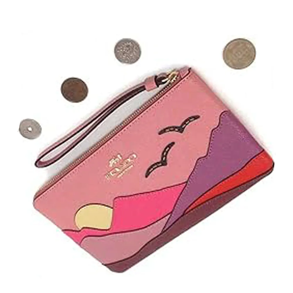 Coach Mountain Motif Large Corner Wallet Leather Zip Wristlet Handbag Bag New