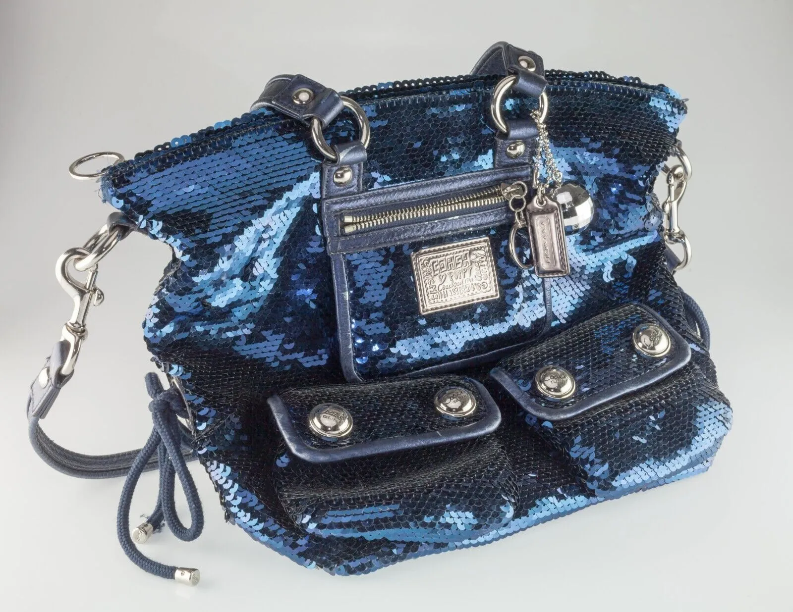 Coach Poppy Blue Sequin Spotlight Purse w/ Disco Ball Bag Charm XL
