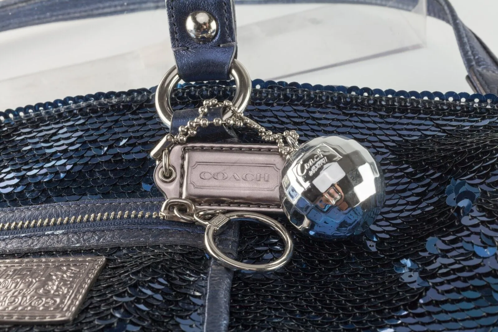 Coach Poppy Blue Sequin Spotlight Purse w/ Disco Ball Bag Charm XL