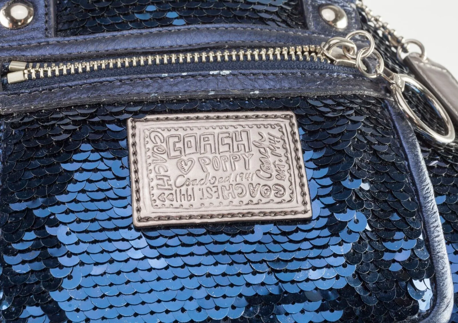 Coach Poppy Blue Sequin Spotlight Purse w/ Disco Ball Bag Charm XL